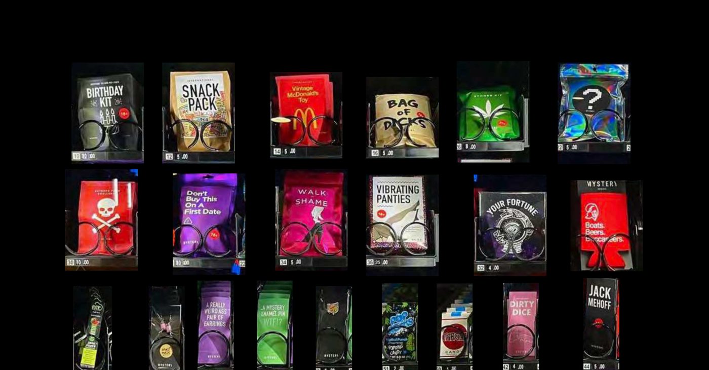 Mystery box vending machine stocked with mystery bags in a Sacramento bar